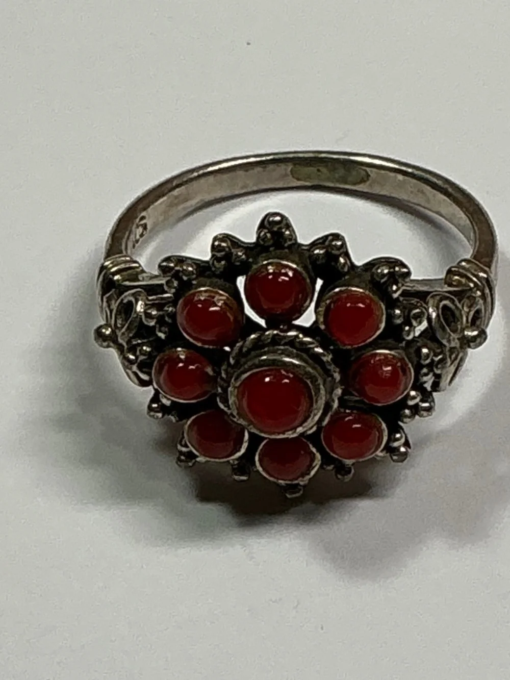Sterling Silver Red Coral Cluster Ring. Size 6.5
